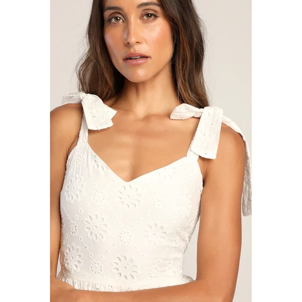 Lulus M White Eyelet Cotton Tie Strap Tiered Midi Dress Womens Graduation Easter - Picture 2 of 15